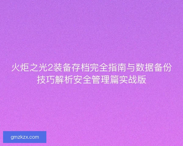火炬之光2装备存档完全指南与数据备份技巧解析安全管理篇实战版